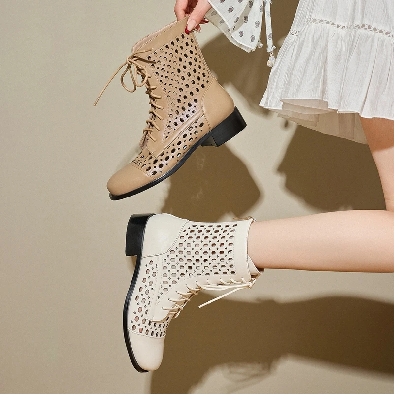 Women's New Spring/Summer Genuine Leather Cowhide Mid Heel, Plus Size Zipper, Lace up, Hollow Hole, Short Boots, Cool Boots