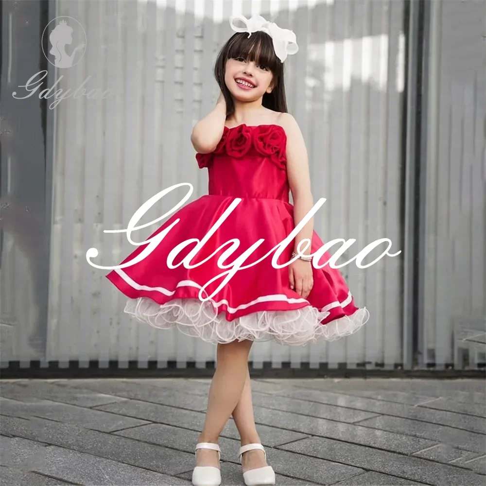 Princess Flowers Strapless A Line Pleat First Communion Dress Sleeveless Knee Length Elegant Flower Girl Dress Customized New