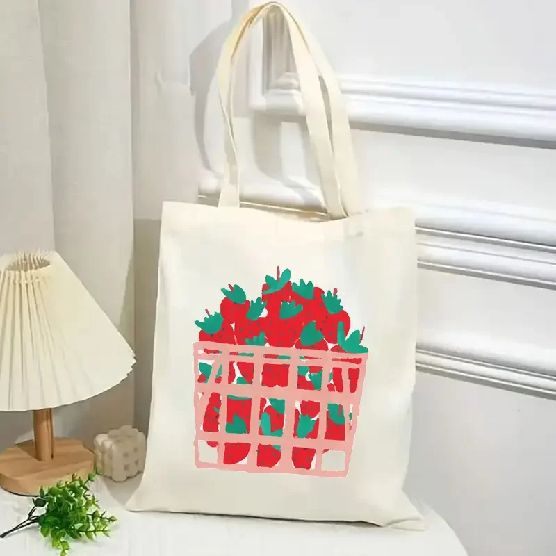 Lindo bolso de mano de lona con estampado de fresa bolso de hombro reutilizable para comestibles y bolsa de regalo de compras