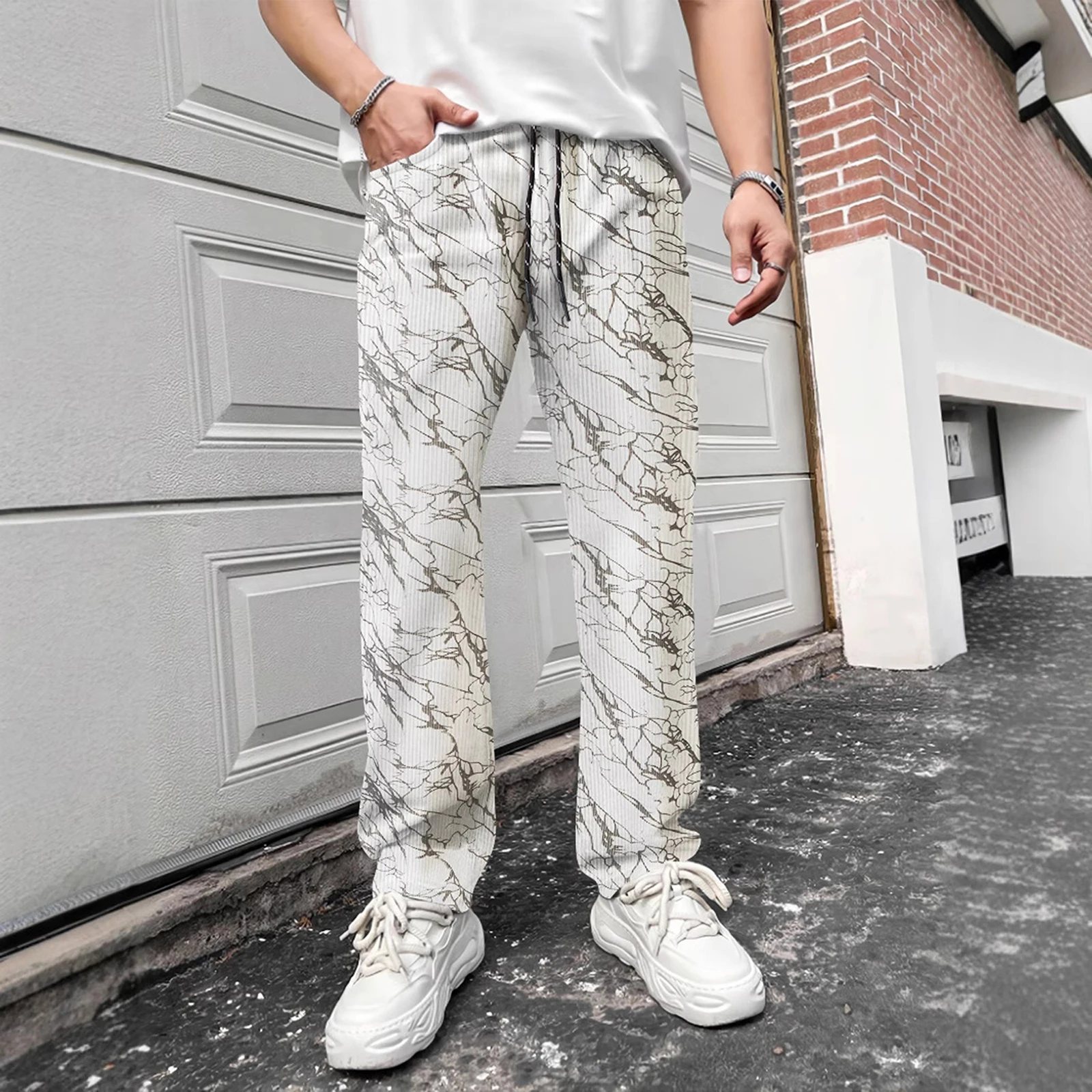 Men Fashion Loose Pants Print Drawstring Elastic Waist Straight Trousers Spring Casual Jogger Pants Sweatpants with Pockets