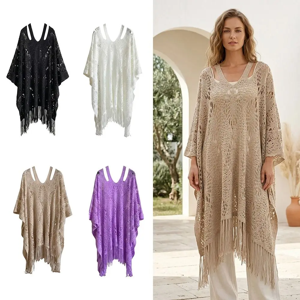Breathable Sun Protection Bohemian Shawl Plus Size Beach Wear Knit Hollow Out Top Tassels Loose Crochet Top Women Vacation
