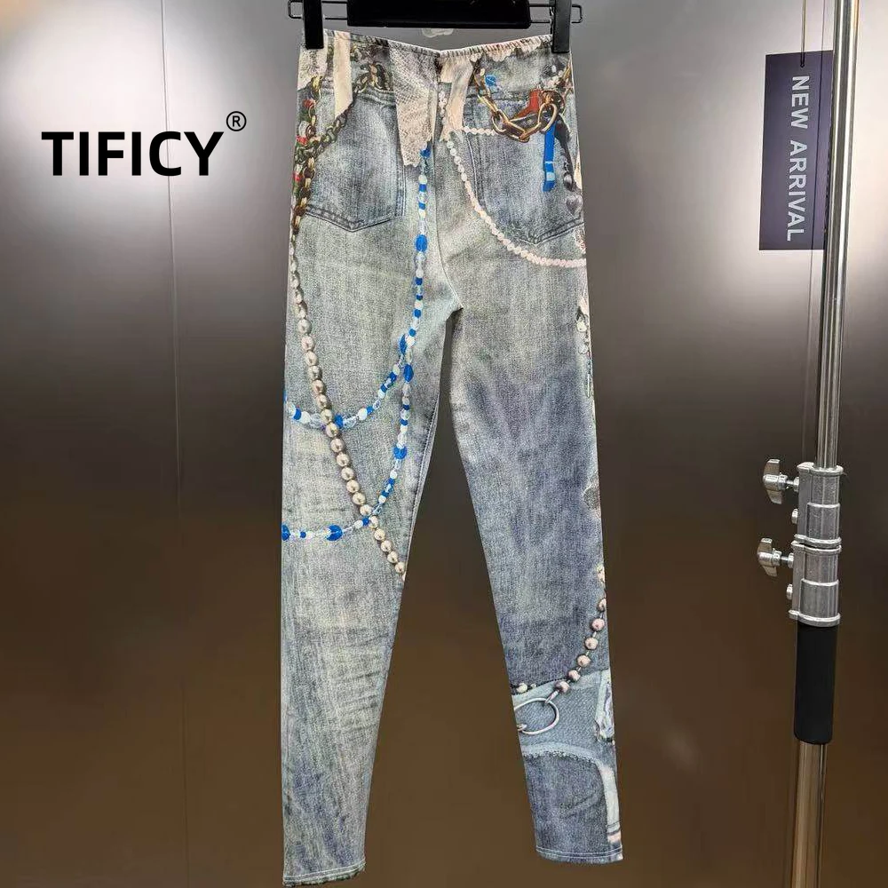 High Street Skinny Legging Pants Women's Spring Vintage Printed Imitation Denim Slim Fit Leggings with A Streetwear Feel