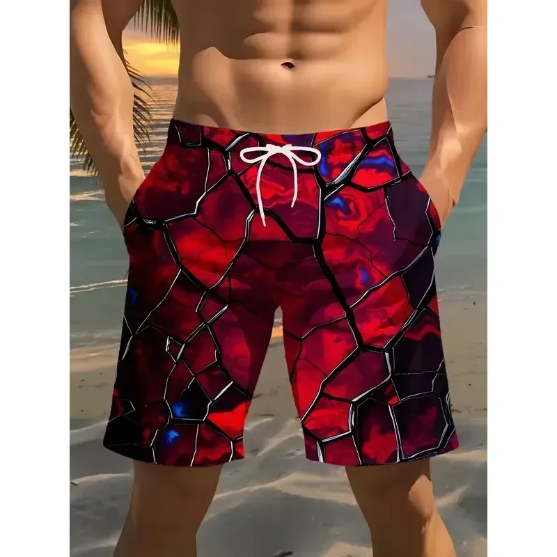 Shorts Comfortable Breathable Casual Men's Beach Shorts Cracked Pattern Print Polyester Drawstring Waist Swimming Pants