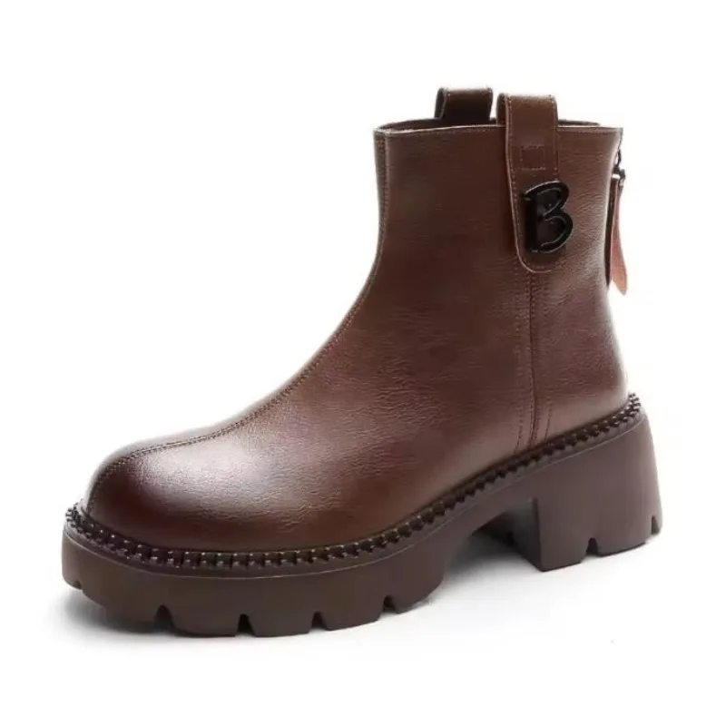 2026 Fashion Women Ankle Boots Winter Zipper Shoes Cow Leather Autumn Mid Heels Motorcycle Round Toe Short Boots 35-40