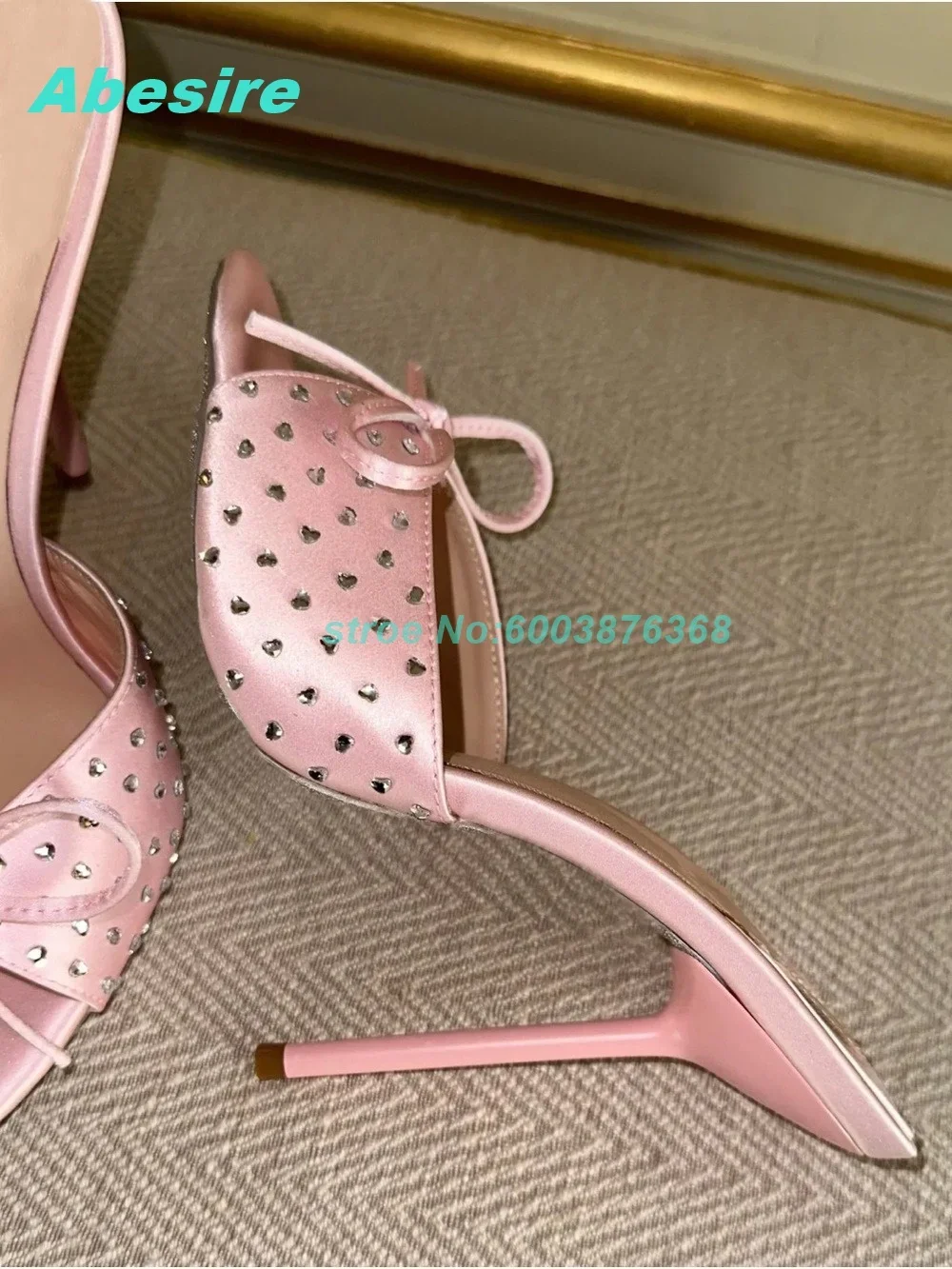 Rhinestone Decor Bow Knot Women's Slippers Pink Satin Leather Peep Toe Stiletto Heel Mules Sexy Sweet Y2K Daily Date Party Shoes