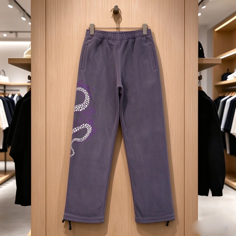 Purple Derschutze Embroidery Dragon Sweatpants Men Women Drawstring Track Pants High Quality Fabric Cotton Loose Jogger Trousers
