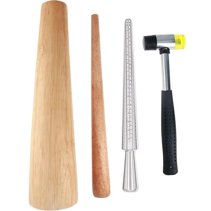 4Pcs Ring Sizer Repair Tool Kit with Metal & Wood Mandrels, Rubber Mallet for Jewelry Making Ring Sizing DIY