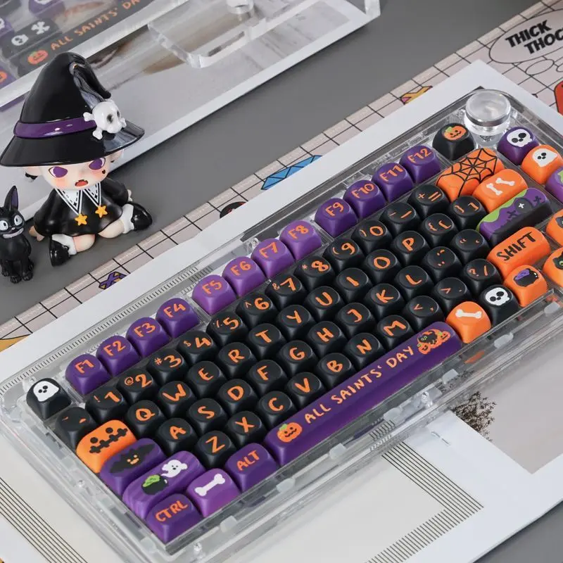 Halloween Keycaps 130 Keys MOA Profile PBT Dye-Sub Pumpkin Skull Spooky Custom Full Set for Mechanical Keyboard Cherry MX Purple