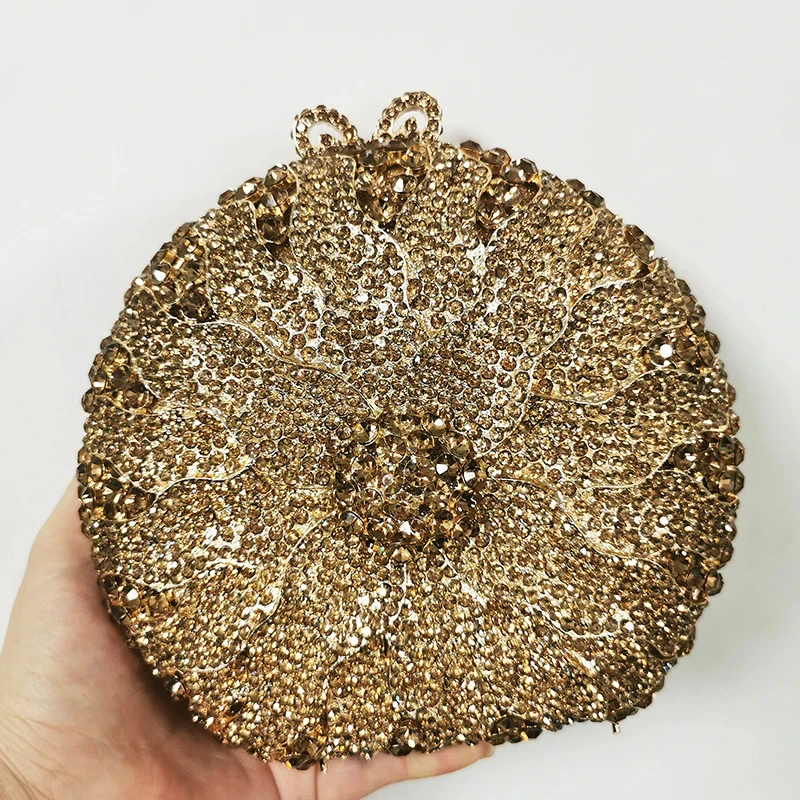 WHTUOHENG Gold Sunflower Blue Crystal Women Evening Bags Luxury Rhinestone Lady Birthday Clutches Handbags Girls Party Prom Purs