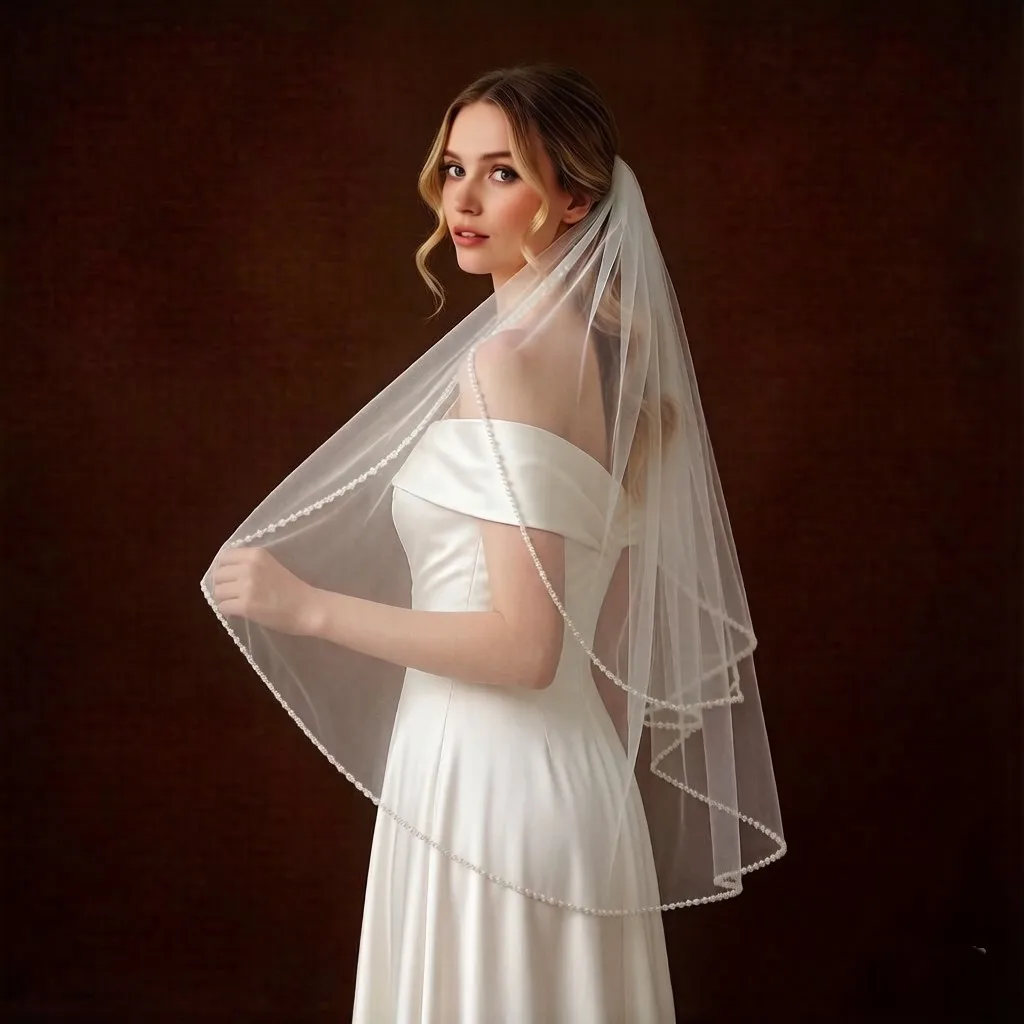 2Layer Crystal Sequin Edge Wedding Veil Minimalist Hand-Beaded Bridal Veil Whit Comb White ivory bride Ceremony Accessory G59
