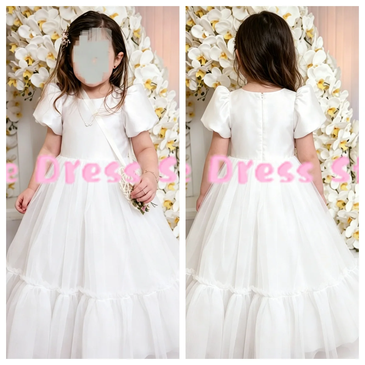 White Flower Girl Dress Half Sleeve Puffy Floor Length For Wedding Kids Birthday Party First Communion Ball Gowns Customized