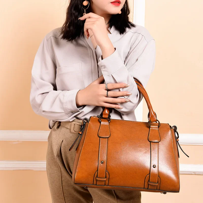 Genuine Leather Handbag For Women Shoulder Cross Tote Bag Top Handle Bag Casual Designer Female Oil Wax Cowhide Messenger
