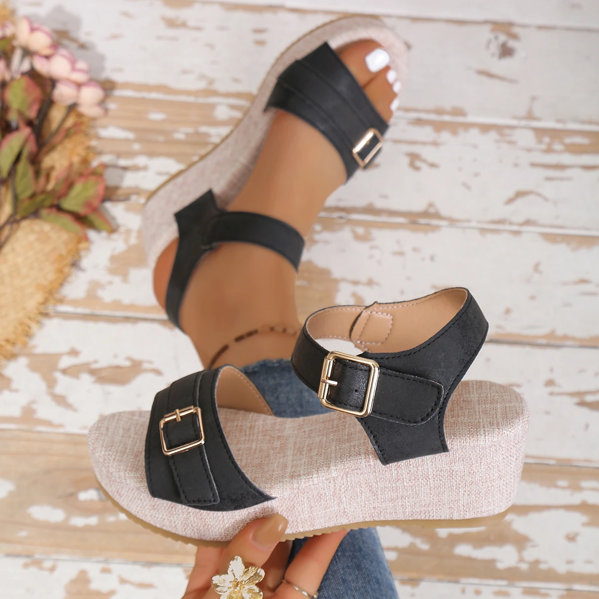 Summer Women Wedge Sandals 2026 New Non-slip Peep Toe Platform Shoes Rubber Sole Buckle Elegant Shoes Woman Sandalias De Mujer