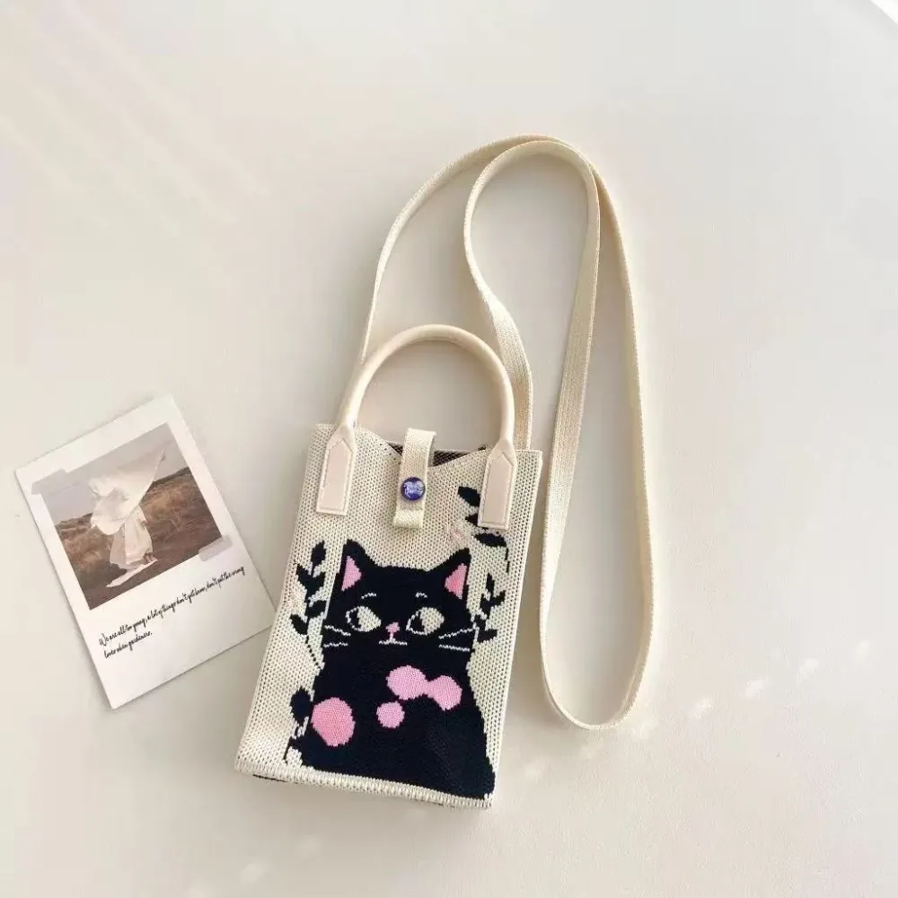 Polyester Fiber Knitted Phone Bag Knitted Cartoon Phone Storage Bag Single Handle Portable Shoulder Bag Personal Item Carrying