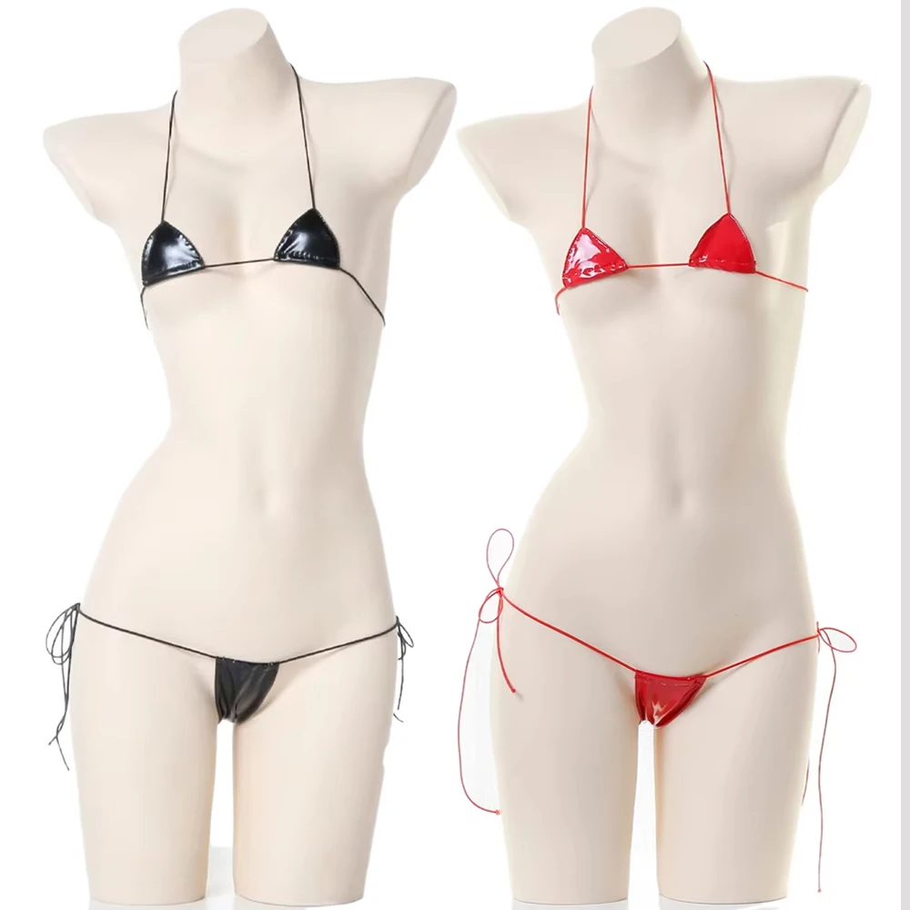 Sexy Micro Bikini Leather Lace Up PU Underwear Lingerie Swimsuit Low Waist Bikinis Sets Beach Swimwear