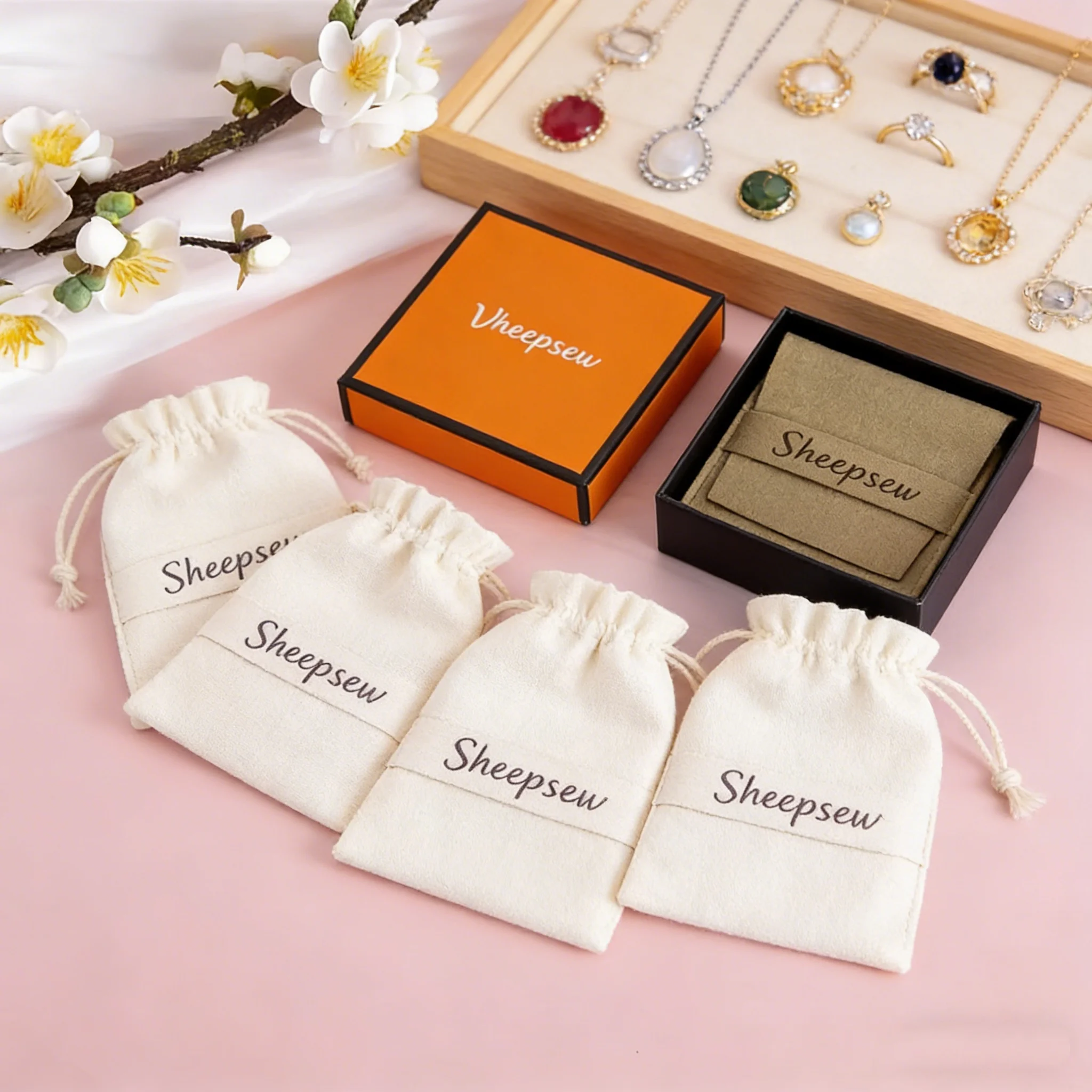 7*7*3cm Orange Black Cardboard Necklace Earring Package Box with Lid Suede Microfiber Envelope Pouch Set for Jewelry Storage