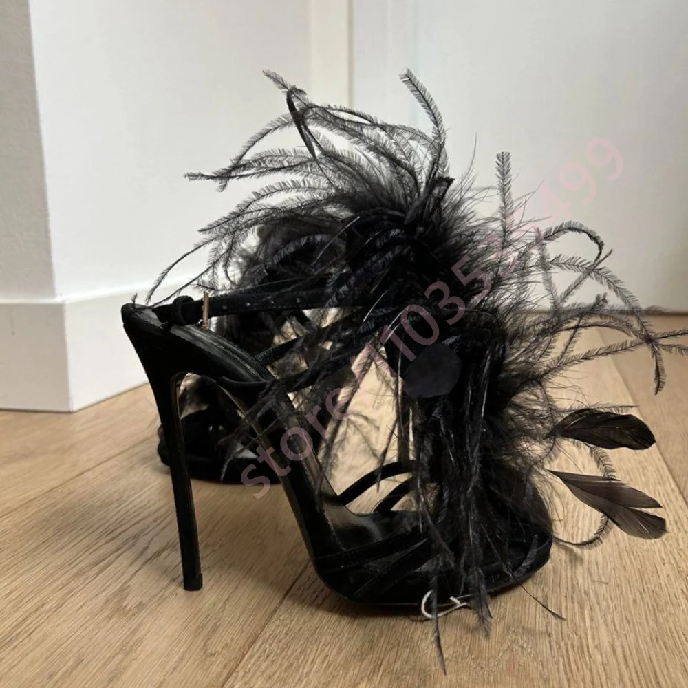 Women's Feather Decor Stiletto Heels 2026 Summer New Black Ankle Strap Sandals Elegant Open Toe High Heels for Party and Runway