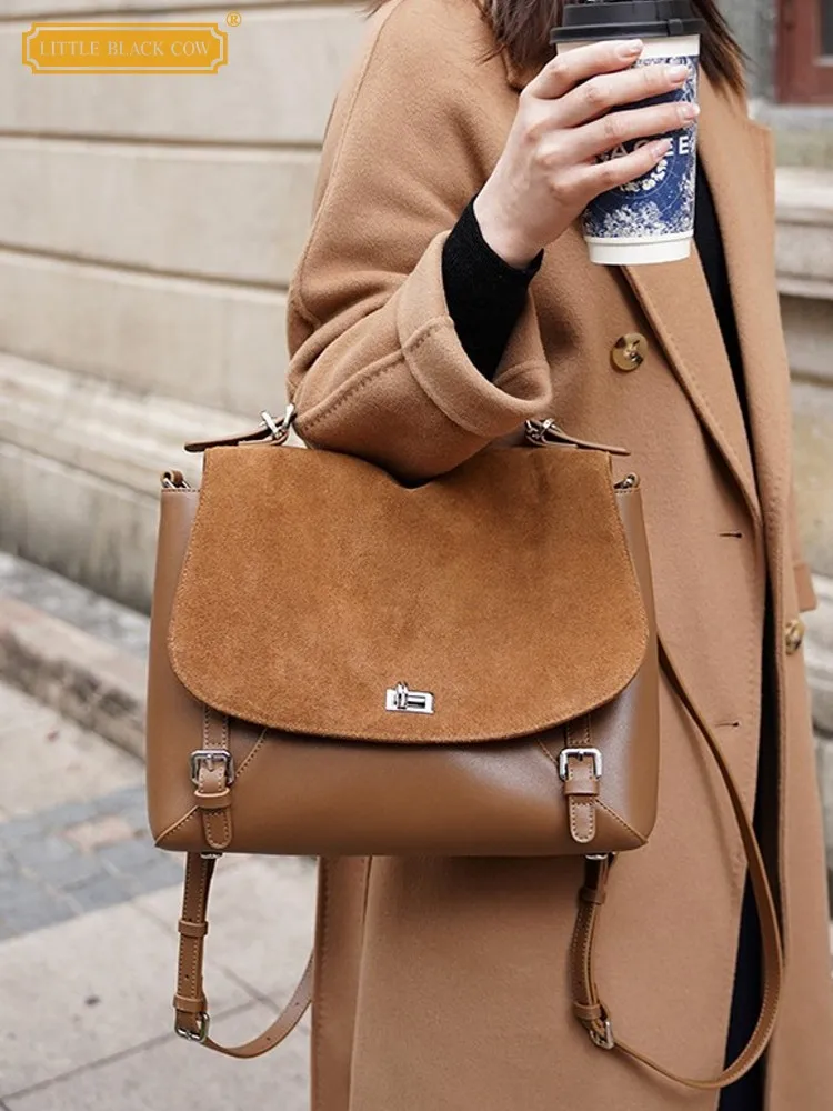 Casual Women Vintage Suede Leather Spliced Leather Backpack Teenager Girls Schoolbag Satchel Travel Ladies Double Shoulder Bag