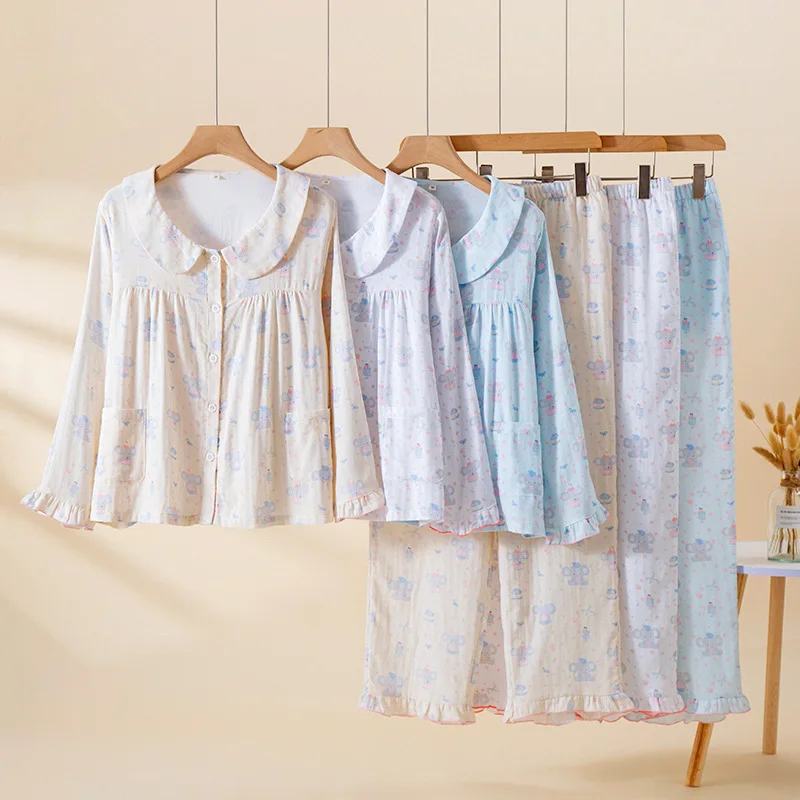 Women Spring Autumn Pajama Sets 100% Cotton Loungewear Suit Sweet Print Sleepwear Suit Long Sleeve Peter Pan Collar Homewear