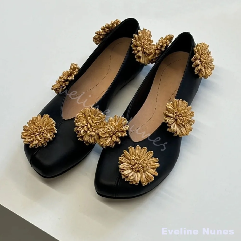 Women Black Square Toe Ballet Flats Handmade 3D Flower Decor Soft Leather Shallow Slip On Vintage Shoes Casual Fashion Loafers