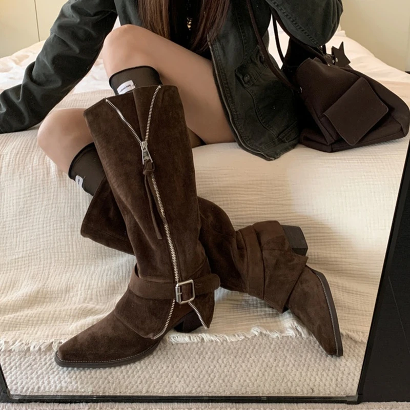NEW Autumn Women Boots Faux Suede Shoes for Women Pointed Toe Chunky Heel Shoes Slip-on Belt Buckle Pants Boots Zip Daily Shoes