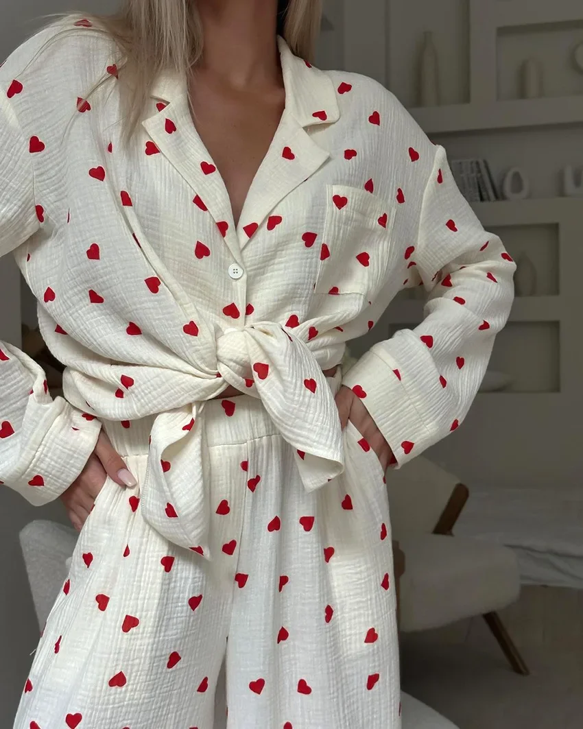 NHKDSASA Women's Love Print Cotton Pajamas Single-Breasted Pocket Sleepwear Lapel Long Sleeve Women's Clothing New 2024