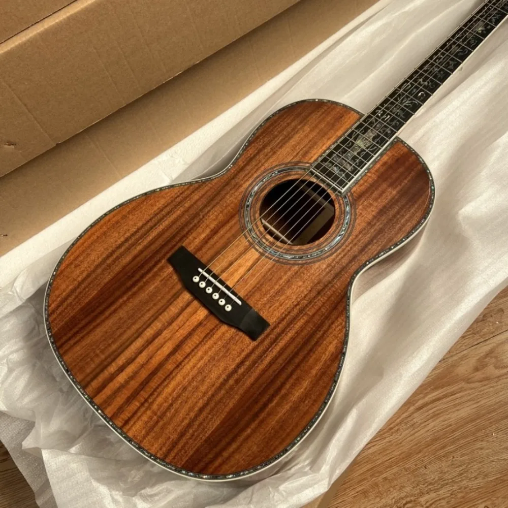 Dark Brown 6 String Acoustic Guitar Solid Mahogany Body Vintage Slotted Headstock Exquisite Abalone Inlay Smooth Wood Finish Rich Warm Tone Handcrafted Acoustic Guitar for Professional Players Fingerstyle Performance