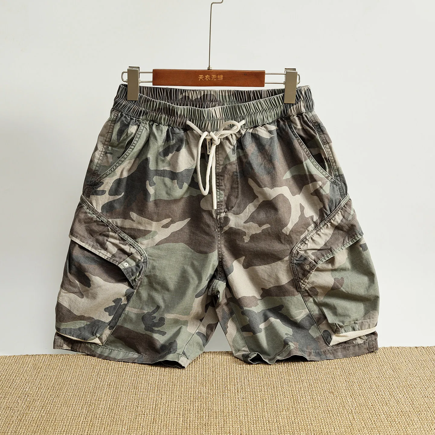 Summer outdoor cargo shorts men's plaid diagonal pockets loose straight casual casual trousers