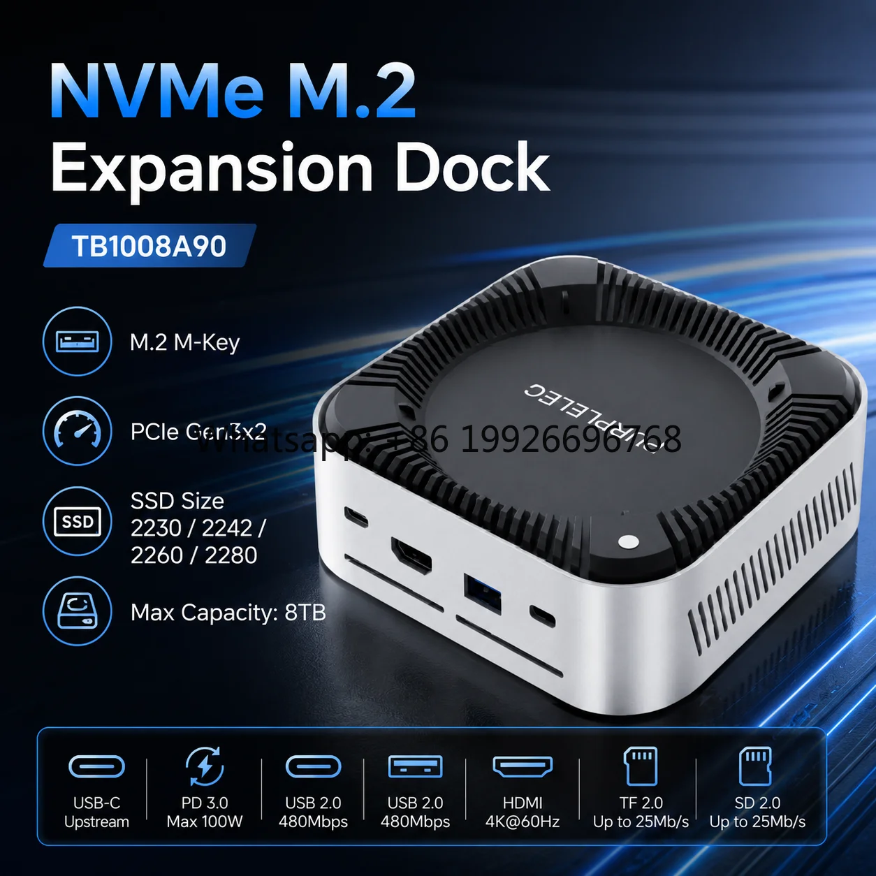 9in1 USB-C Docking Station with M.2 NVMe SSD Enclosure (8TB),4xUSB2.0,HDMI 4K*60Hz,SD/TF2.0,PD 100W,Aluminum+ABS Case for Laptop