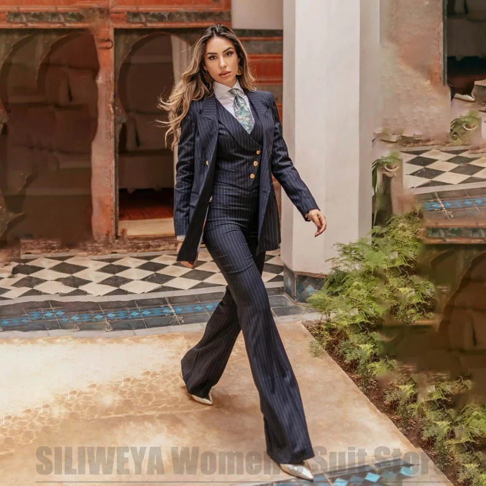 Women's Navy Striped Suit 3 Piece Chic Double Breasted Blazer Vest Flared Pants Set Tailored Formal Outfit Office Party Wear
