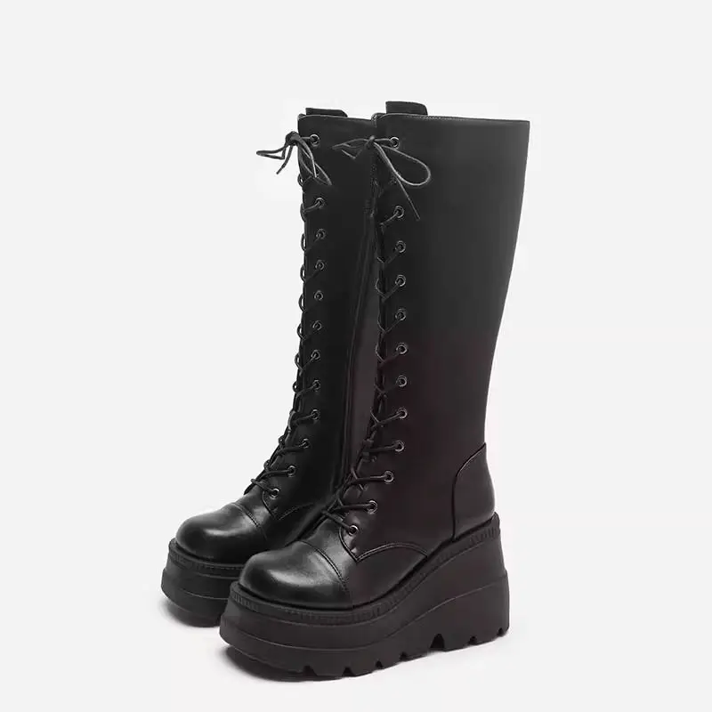 Women Platform Knee High Boots Chunky Motorcycle Biker Boots Punk British Style Sexy Height Increasing Long Boots 2026