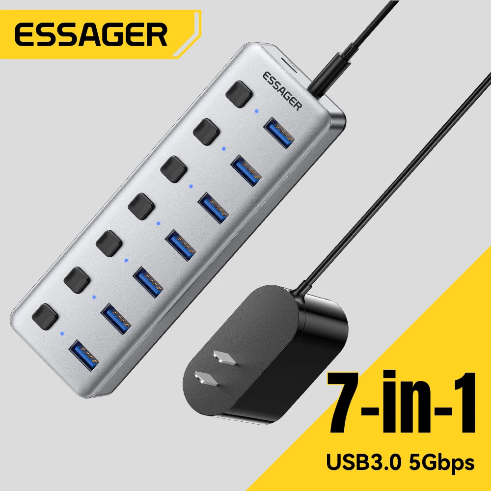 Essager 7-Port USB 3.0 a Hub Multi-Port Splitter Adapter with 24W EU/US Plug Charger for Phone MacBook pro PC Laptop - 5Gbps