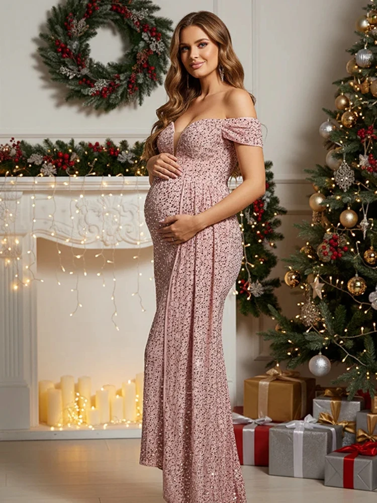 Maternity Asymmetric Off Shoulder Sequin Mermaid Dress Sparkly Pregnancy Photo Outfit Baby Shower Gown Elegant Costume