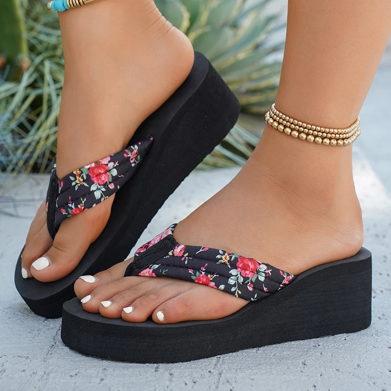 Flip Flops Women Retro Floral Platform Shoes Wedge Beach Resort Shoes New Women Fashion Light Home Slippers Slide Zapatos Mujer