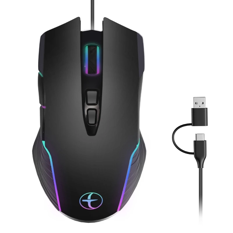 G6DD Computer Mouse with Jiggler Mode USB C A Corded Ergonomic Color Lighting 7200DPI Adjustment For Laptop Desktop Tablets