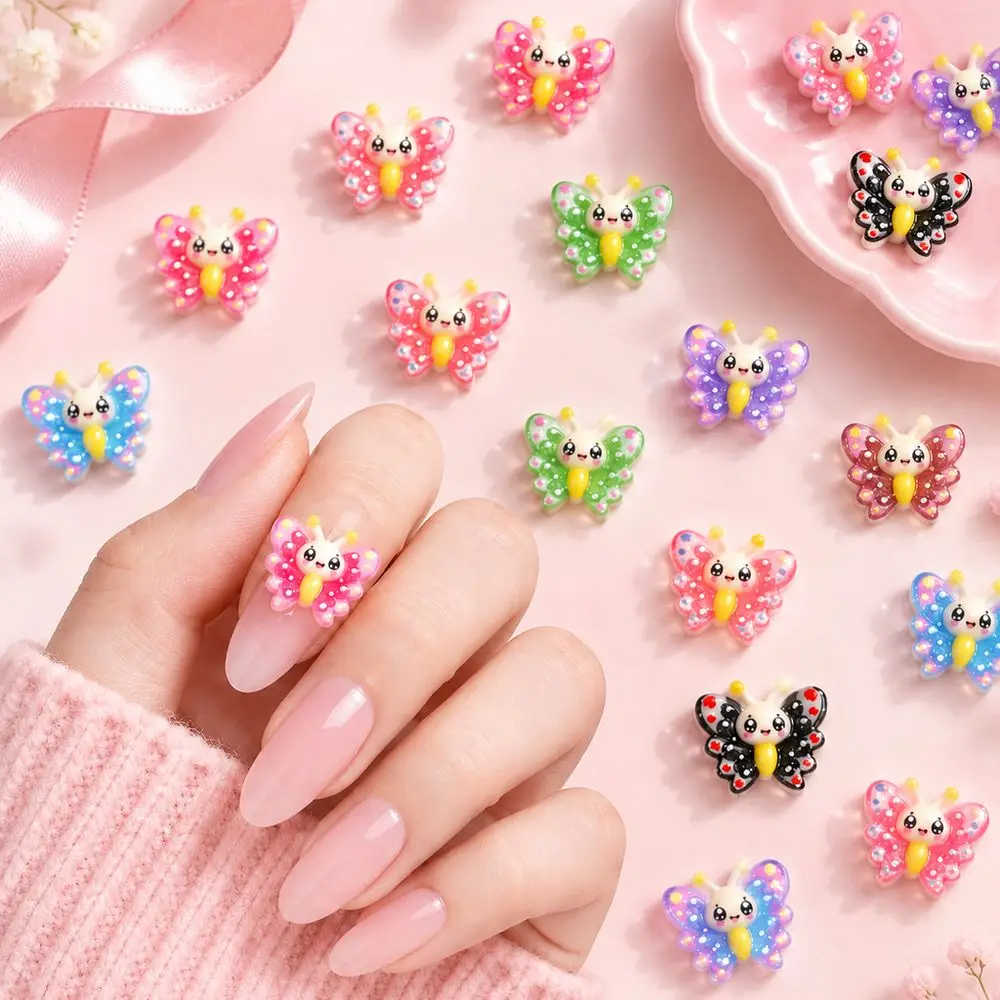 50Pcs Long-Lasting Resin Nail Charms 3D Kawaii Butterfly Shiny Dot Multi-Color Pack for Weekend Brunch Date Nail Decor Accessory