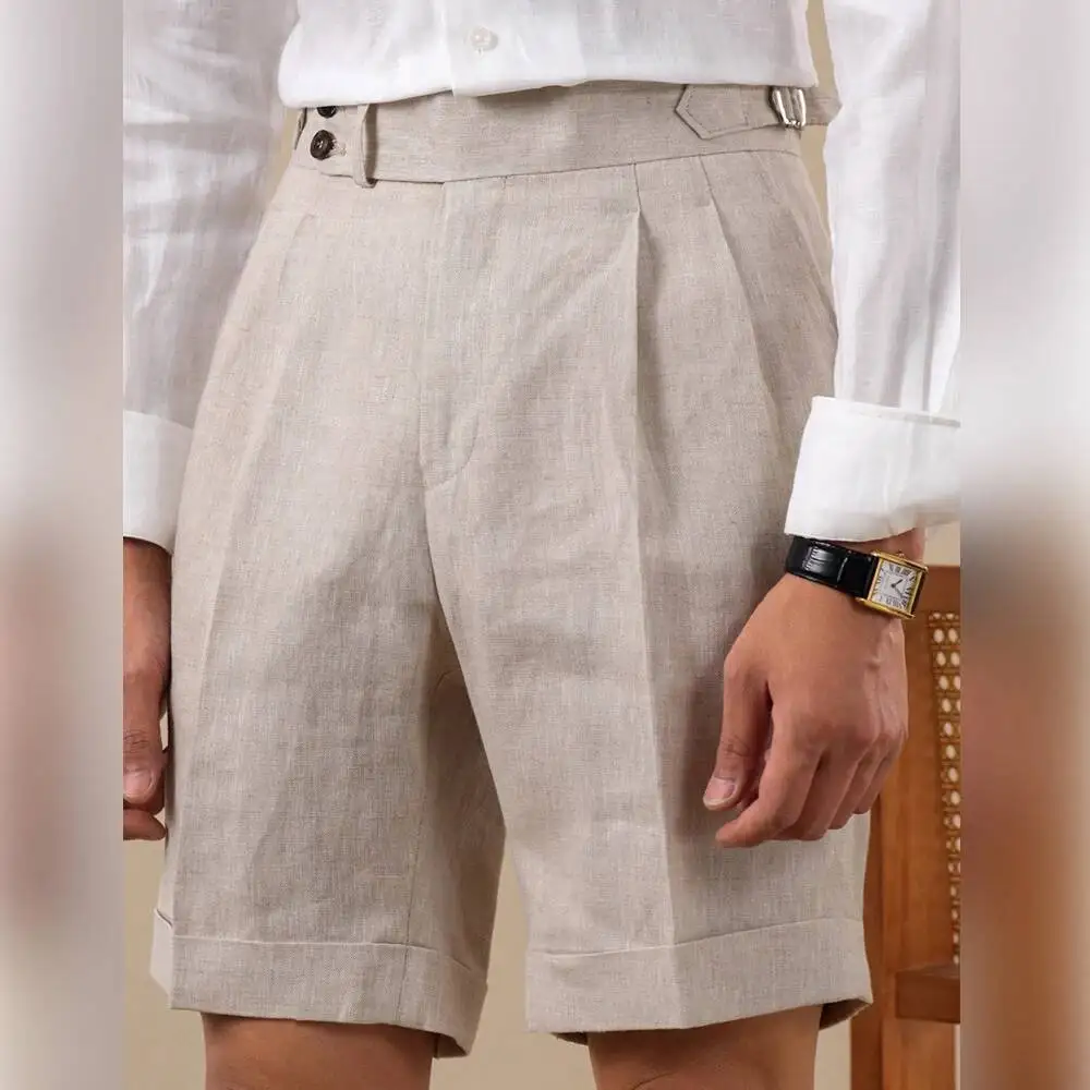 Summer Men Shorts 100% Linen Naples Double Pleated Short For Men Breathable Casual Suit Short Bermuda Homme Short Pantalon Court