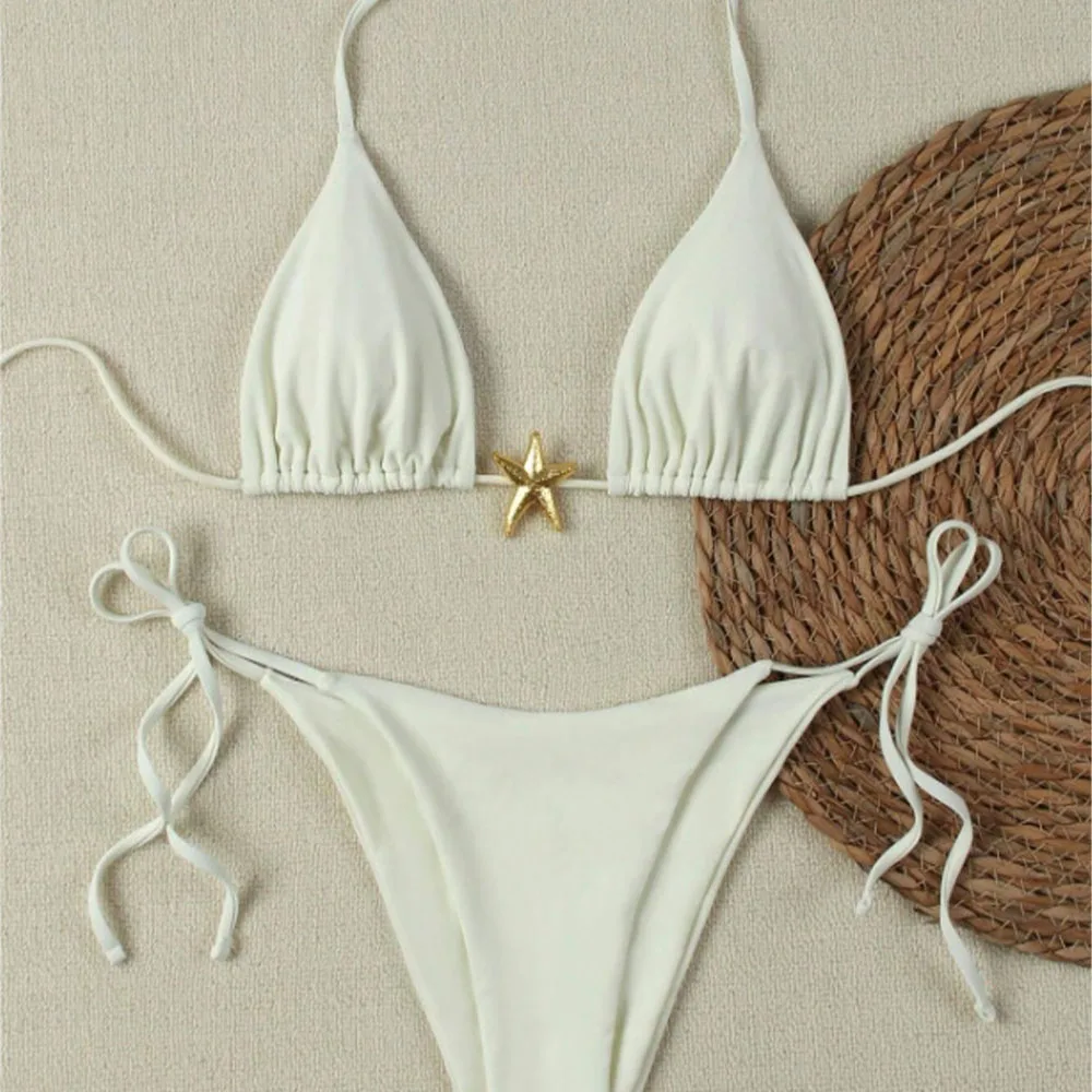 Fashion Ladies' Sexy Bikini Solid Color Starfish Decoration Suspender Swimsuit Side Tie Thong Swimsuit Two-Piece Beach Outfit