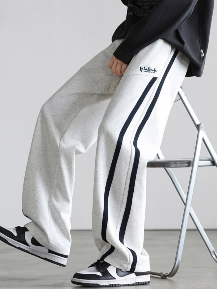 Mens Spring Autumn Loose Straight Pants Casual Sweatpants American Inspired Style Long Trousers Draped Fit with Embroidery