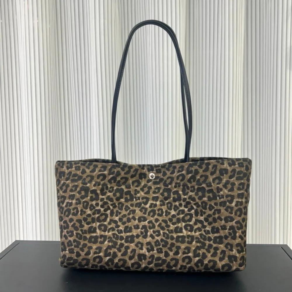 Vintage Leopard Print Tote Bag Niche Design Maillard Color Shoulder Unique Fashion Simple Large Capacity Commuter Bag Women