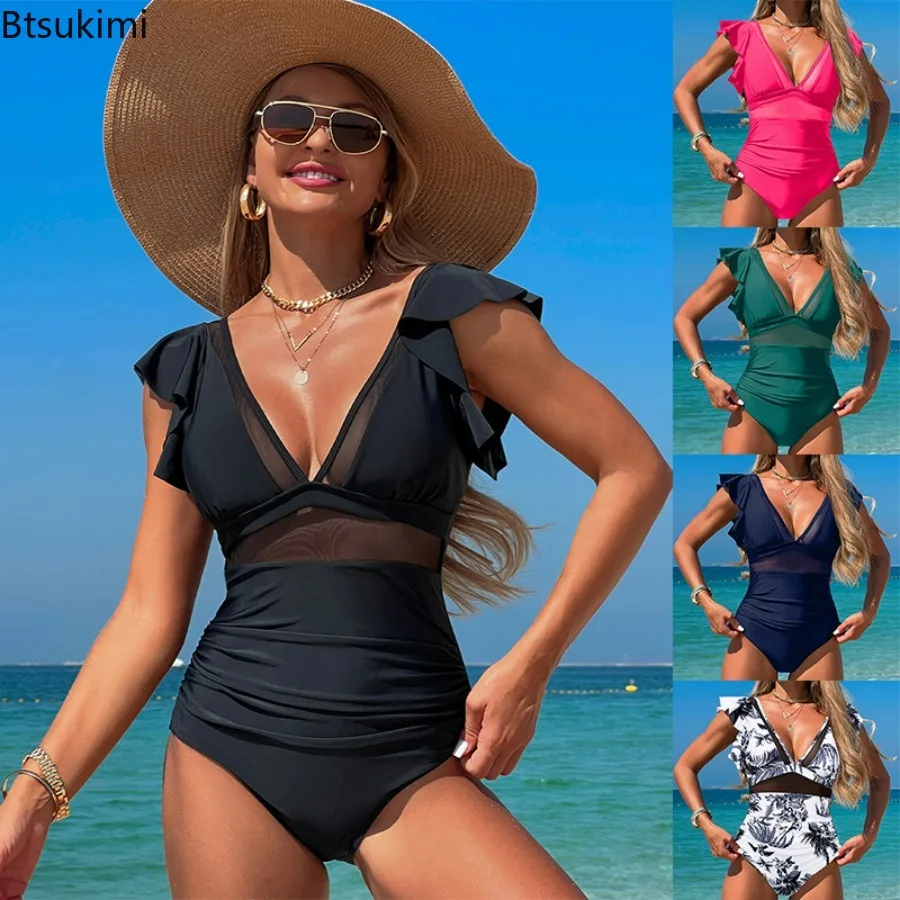 New 2026 Women's Sexy Black One Piece Swimsuit Patchwork See Through Ruffles V Neck Backless Swimwear Bathing Suit Slim Monokini