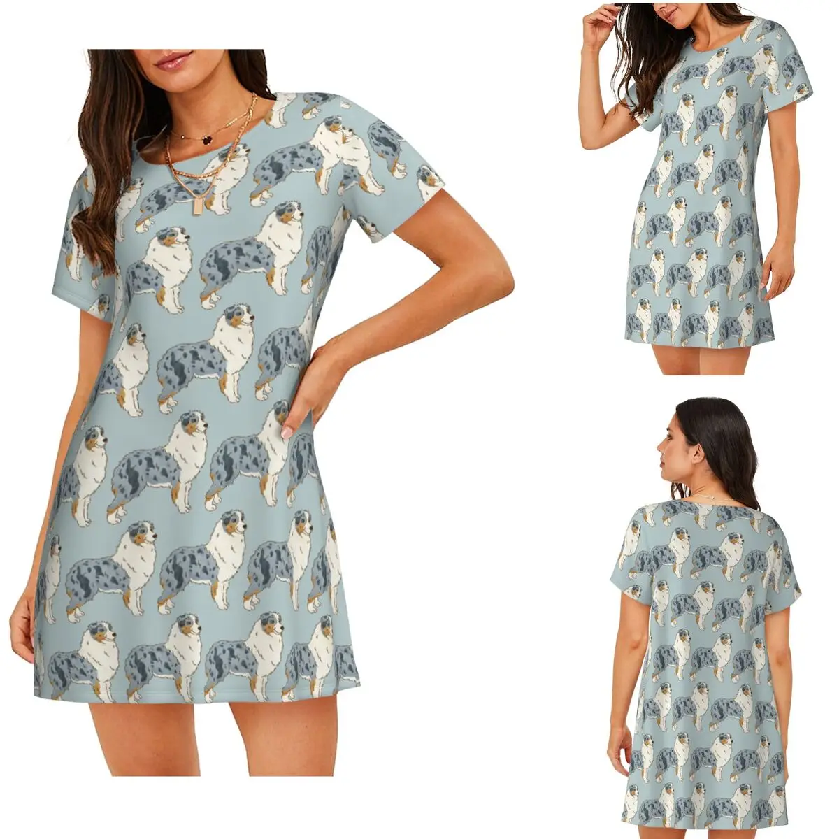 Custom Australian Shepherd Aussie Dog Short Sleeves Nightdress For Sleeping Women Short Sleeve Nightgowns Loose Pajama Dress