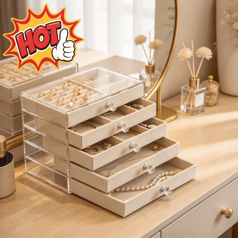 Acrylic Drawer Jewelry Organizer Box, Velvet Lined Transparent Storage Case for Earrings Rings Bracelets