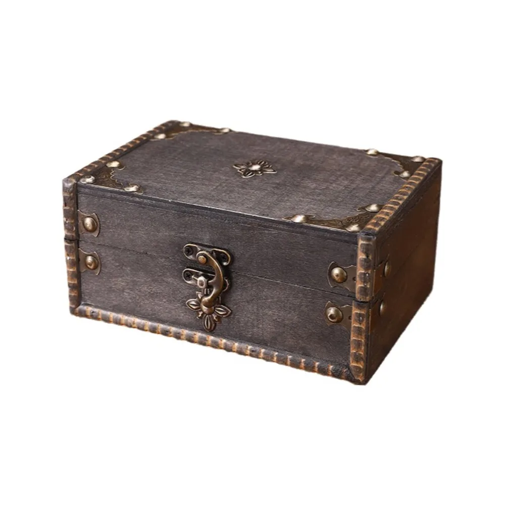 Vintage Multifunctional Treasure Chest Retro Style Wooden Desktop Organizer Decorative Antique Jewelry Storage Box with a Lock
