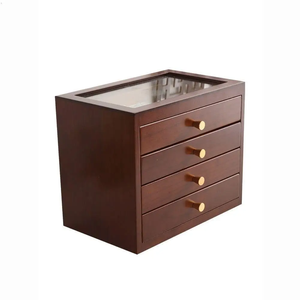 High End Retro Wooden Jewelry Box Large Capacity Earring Organizer Desktop Cosmetic Storage Box Multi Layer Home Storage