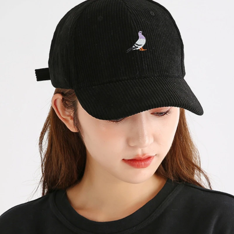 Corduroy baseball cap for men and women in autumn and winter, warm and embroidered pigeon pattern for daily leisure gatherings