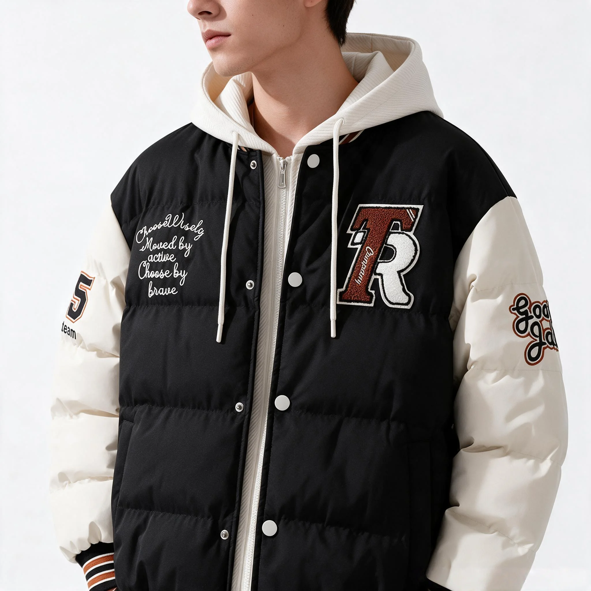 New Arrival Casual Embroidery Mens Winter Trendy Fake Two-piece Hooded Bread Suit Couple Cotton-padded Jackets And Coats