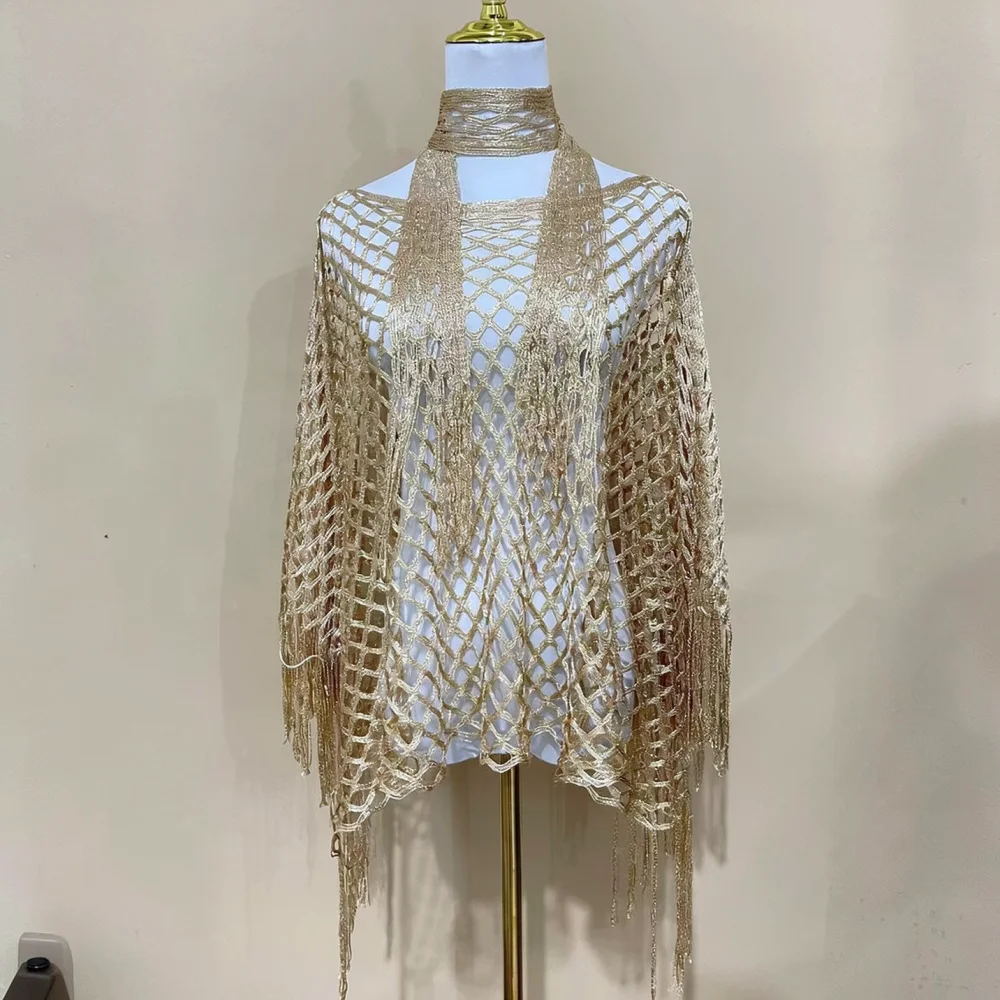 Women Crochet Tassel Shawl Beach Cover Up Summer Hollow Out Swimsuit Wrap Sexy Vacation Cape Loose Sunscreen Fashion Cardigan