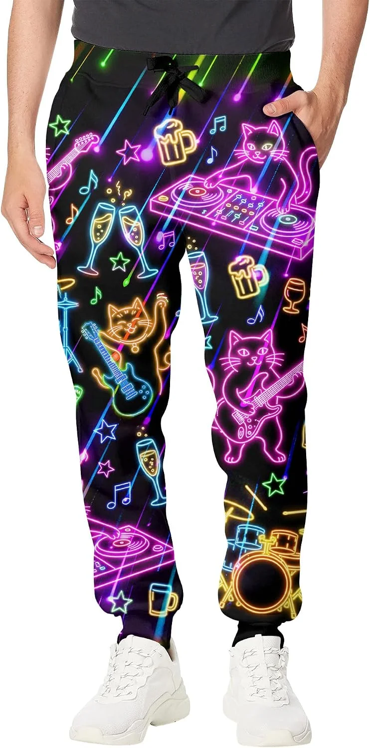 2026 Men's Hip-Hop Festival Drawstring Straight Leg Pants Colorful Instrument Print Pants, Carnival Outdoor Leisure Sports Pants