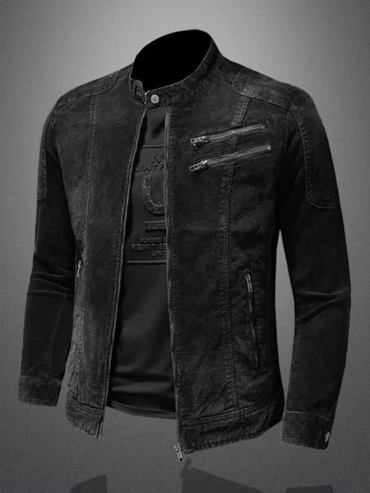 Vintage American Stand Collar Biker Denim Jacket for Men, Spring Fall Casual Multi-zip Motorcycle Riding Slim Fit Outerwear